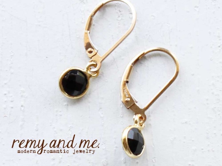 tiny gold black onyx leverback earrings 